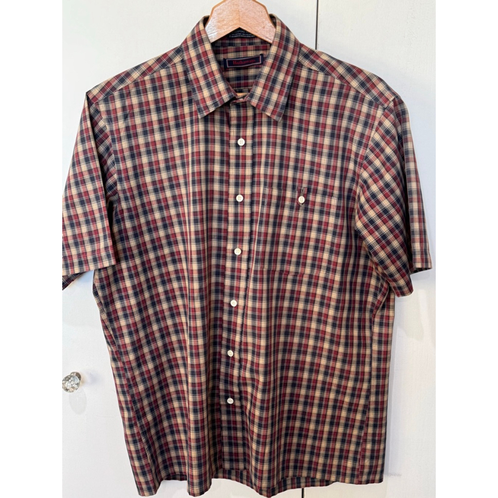 Men's Hathaway L Red Navy Plaid Short Sleeve Casual Button Down Shirt